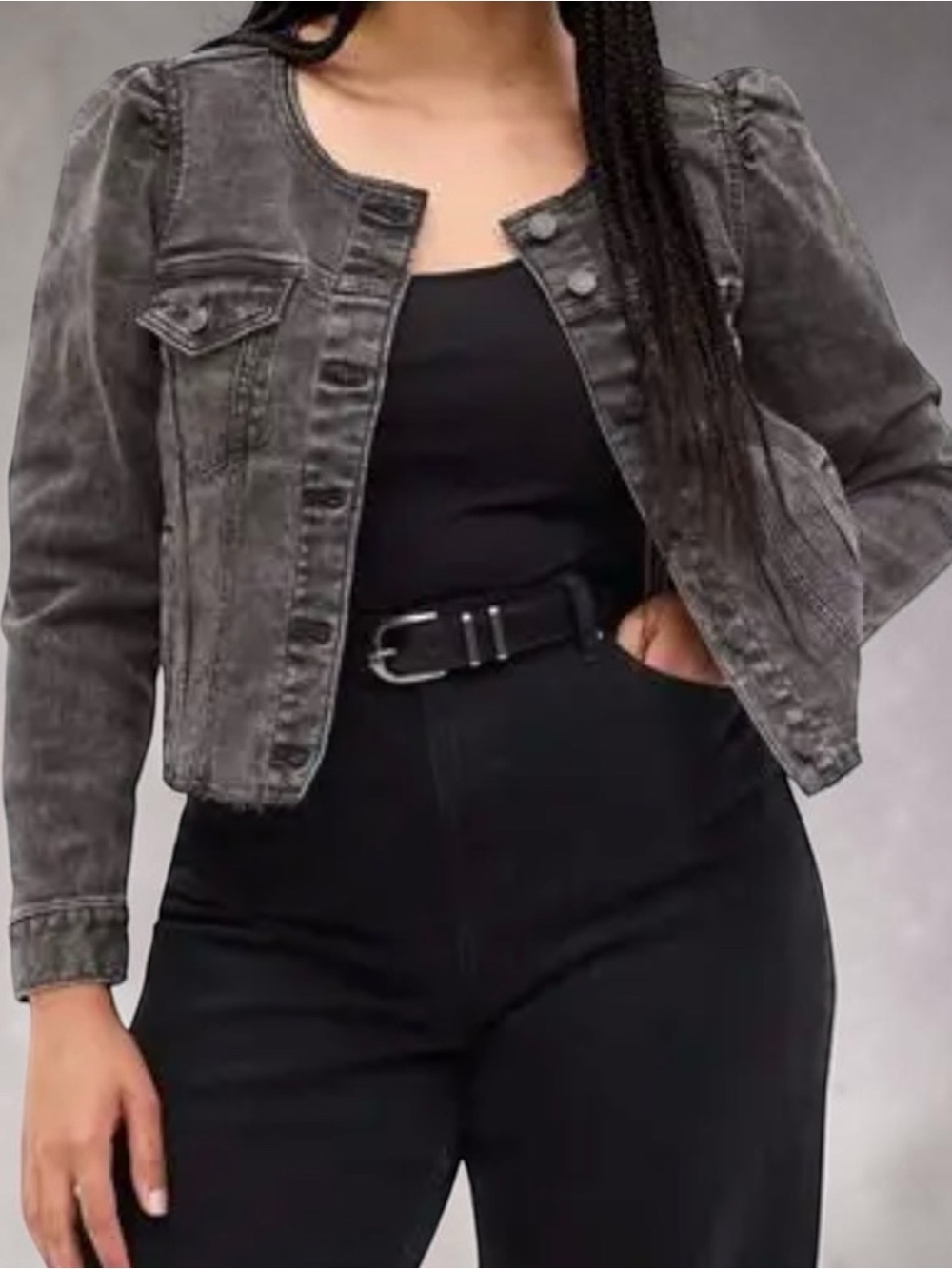 Gap Women's Washed Black Denim Jacket - Casual Collarless Crop with Puff Sleeves